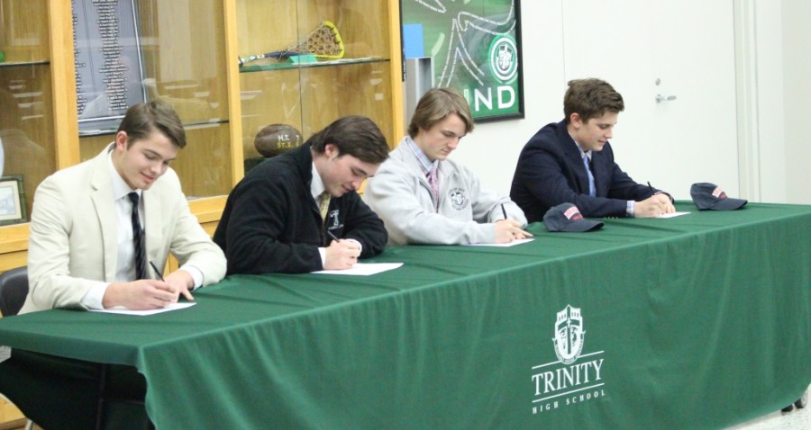 Trinity seniors Jeremiah Hemme, Tate Smith, Coy Broderick and Jake Glass signed national letters of intent to play lacrosse in college. 