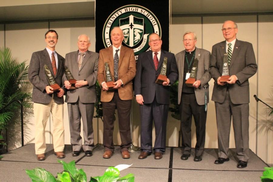 The newest members of the Trinity Hall of Fame: Dr. John Belanger ’78, Tony Zimlich (accepting the award for the late Rev. John Gephart), Richard “Peewee” Carey, Bill Fuchs (accepting the award for the late Fred Fuchs ’57), Rev. David Zettel ’58 and Phil Stuecker ’70.  