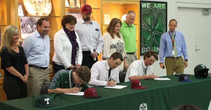 Trinity seniors Cameron Ridge (Transylvania), Tyler Neeley (Bellarmine) and Nathan Fichter (Spalding) signed letters of intent to play baseball on the university level. 