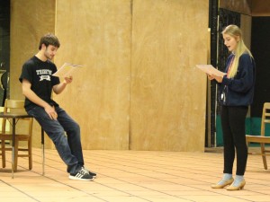 Trinity senior Patrick Schmitt and Sacred Heart sophomore Emily Richardson rehearse for the upcoming production of Moliere's "The Miser."
