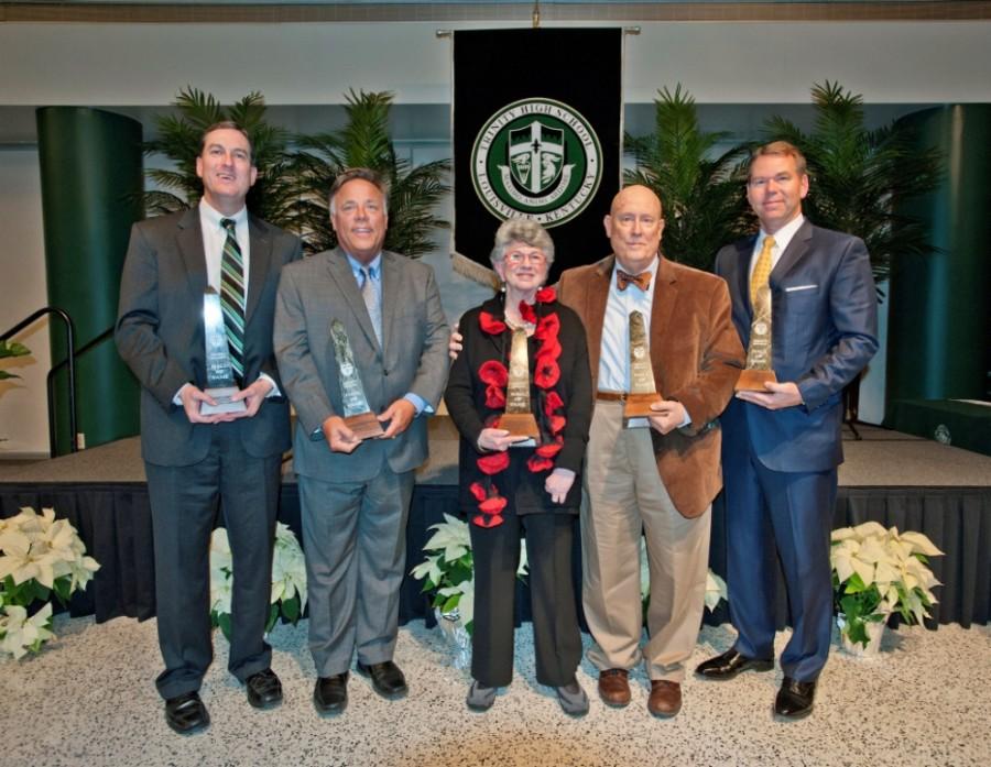 At the annual Hall of Fame Banquet, held Dec. 17 in Trinity’s Alumni Hall, the following were inducted: Mike Jones ’74,     
Michael Brennan ’81,         Kathy Mershon H’92,
Jack Hettinger ’63,
Vince Tyra ’84