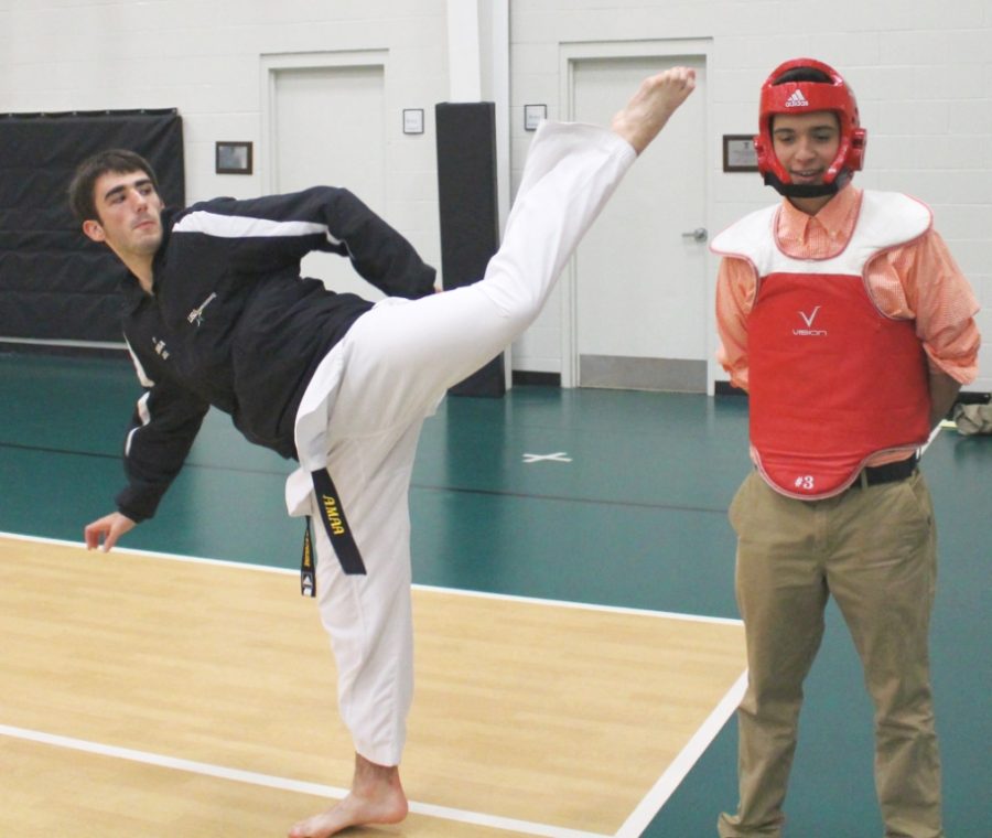 Senior Jackson Bynum demonstrates taekwondo moves with senior Nick Mattinglys assistance. 