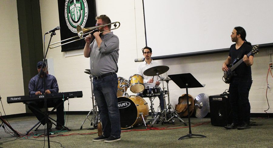 A UL jazz ensemble performs for Trinity students on Mar. 29 in the Convocation Hall. 