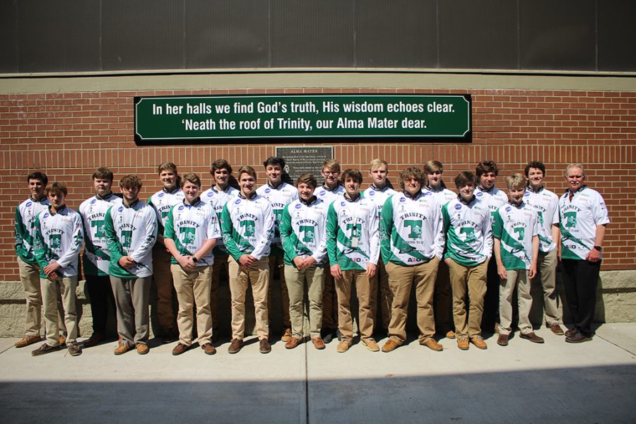 Trinity Bass Fishing Team -- Front Row: Blake Spink, Matthew Erhard, Caysee Dunn, Thomas Schmidt, Matthew Thorpe, Hunter Hardin, Dalton Chaffin, Michael Kelly, Harrison Hunt.
Back Row: Timothy Rivette, Andrew Lunsford, Justin Risk, Dalton McCauley, Michael Livendale, Hayden Bailey, Wyatt Cebe, Landon Hardin, Laszlo Makk, Trent Thomas, Coach Mike Chancellor. Not Pictured: Coach Greg Dulaney, Nolan Rice, Trey Gyllin