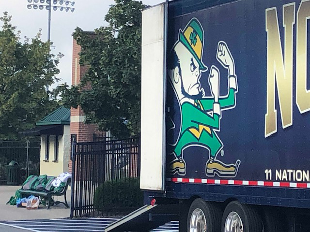 The Notre Dame football team practiced at Trinity prior to taking on the University of Louisville Cardinals in a nationally televised game. 