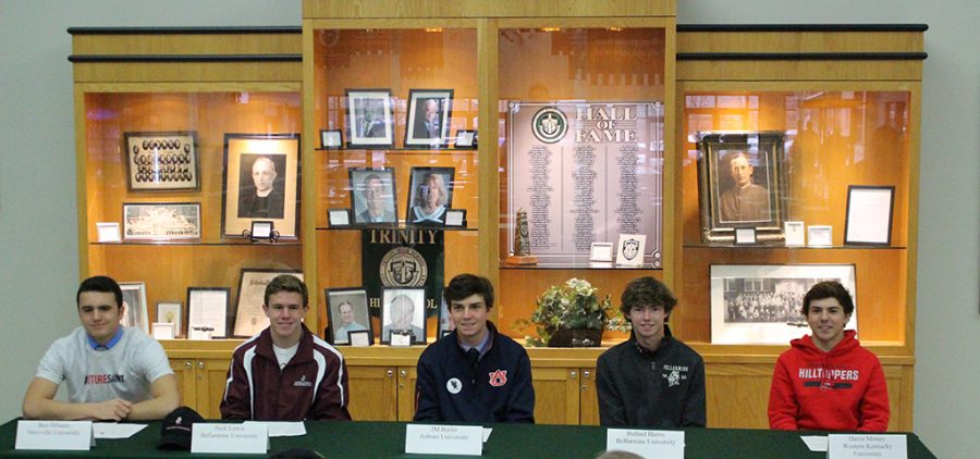Trinity student-athletes Ben DiSanto (lacrosse), Nick Lewis (cross country), JM Butler (golf), Ballard Harris (golf) and Davis Money (golf) signed to play their sport on the next level. 