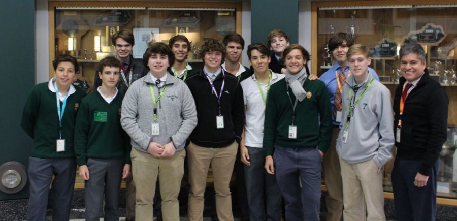 Visitors from Argentina with Trinity Hosts -- Front Row:
Andres Lopez, Matias Cicculli, William Gohmann (host), Owen Cronen (host), Tobias Madrea, Ivo Francisco Sione, Kieran Heintz (host), Mr. Jorge Serrano.
Back Row: Bain McDaniel (host), Francisco Gonzalez, Joaquin Romero, Robert Durning (host), Colin Loveless (host)