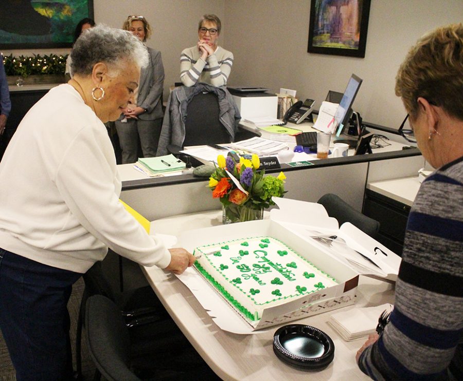 Ms. Liz Pool celebrates 50 years as housekeeper at Trinitys Flaget House. 